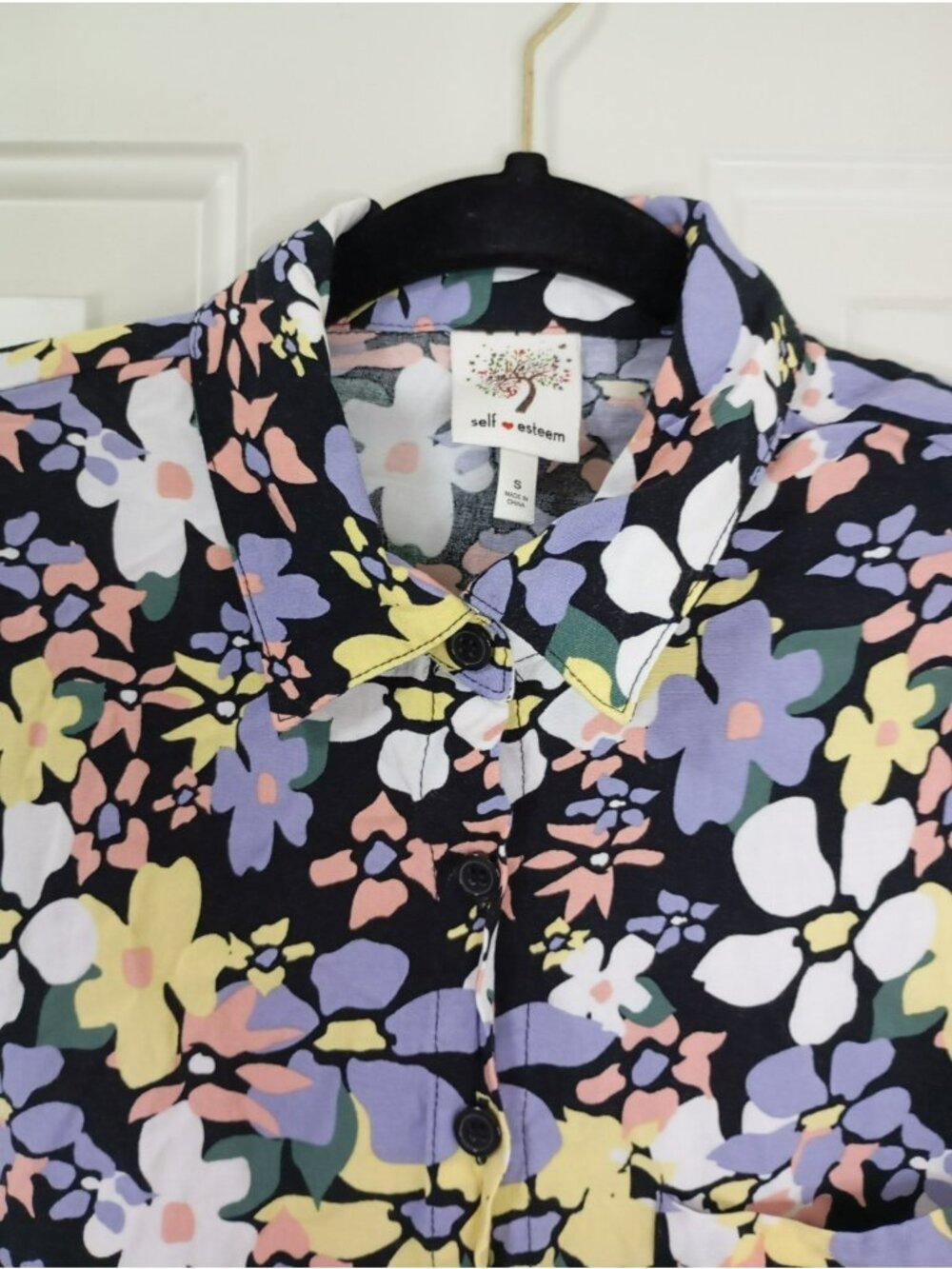 Self Esteem Colorful Checkered Short Sleeve Button Up Top-Size Small Womens - Picture 5 of 7
